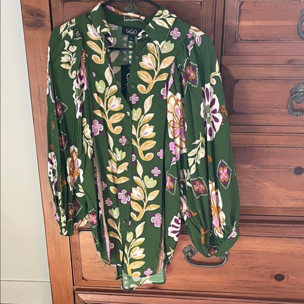 GiGio Green And Yellow Floral Women's Blouse Size Large NWT
